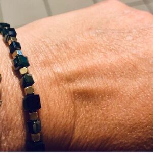 Blue Black & Gold Geometric Beaded Bracelet Stretch Style